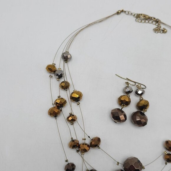 Gold Bronze Multi Strand Bead Necklace Matching Earrings Stretch Bracelet - Picture 5 of 8